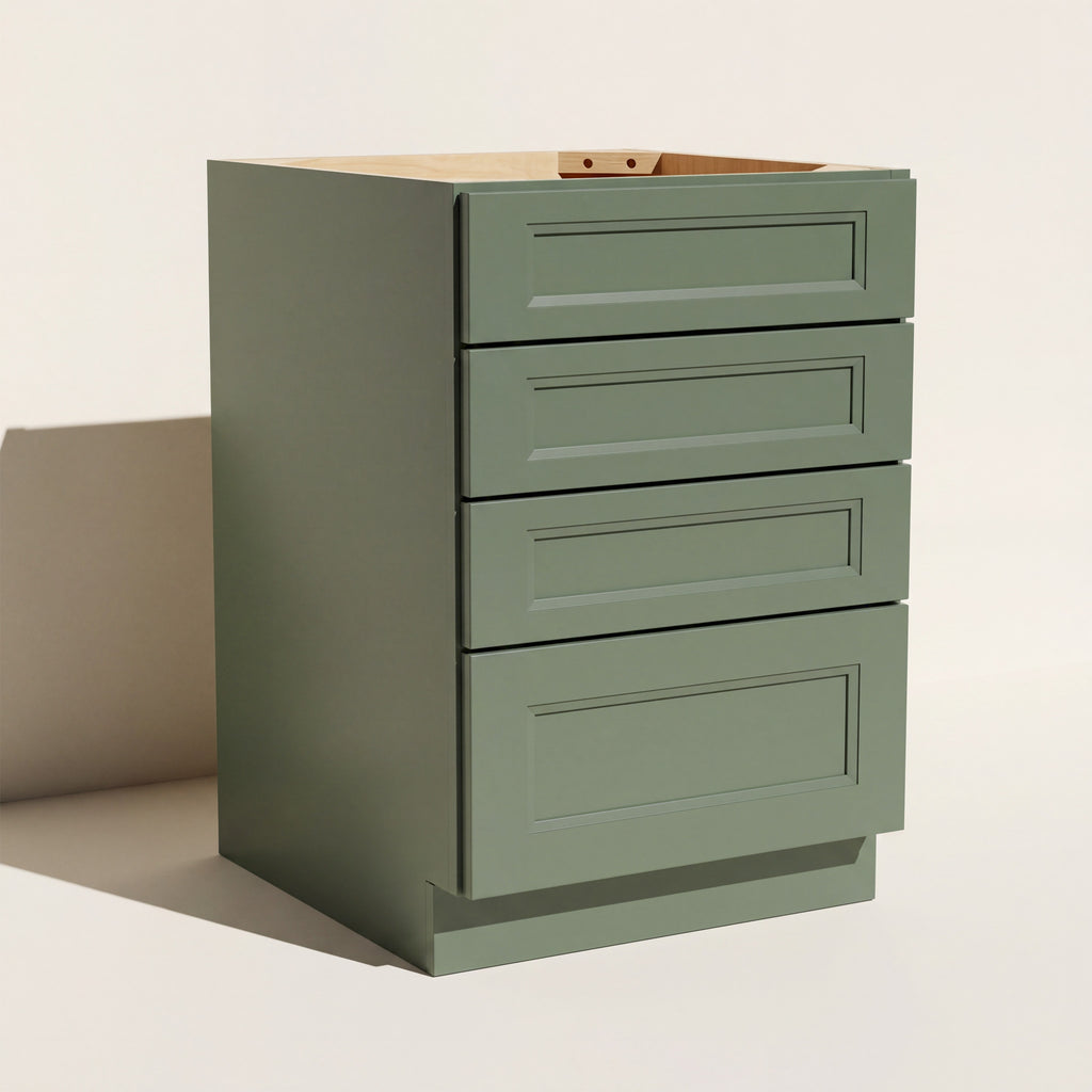 Angled view of a green 21w Belmont Shaker 4-drawer base cabinet.