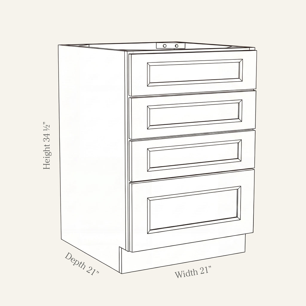Dimension drawing of a Belmont Shaker drawer base cabinet with 4 drawers, 21w, 34.5h, 24d.