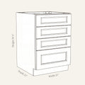 Dimension drawing of a Belmont Shaker drawer base cabinet with 4 drawers, 21w, 34.5h, 24d.