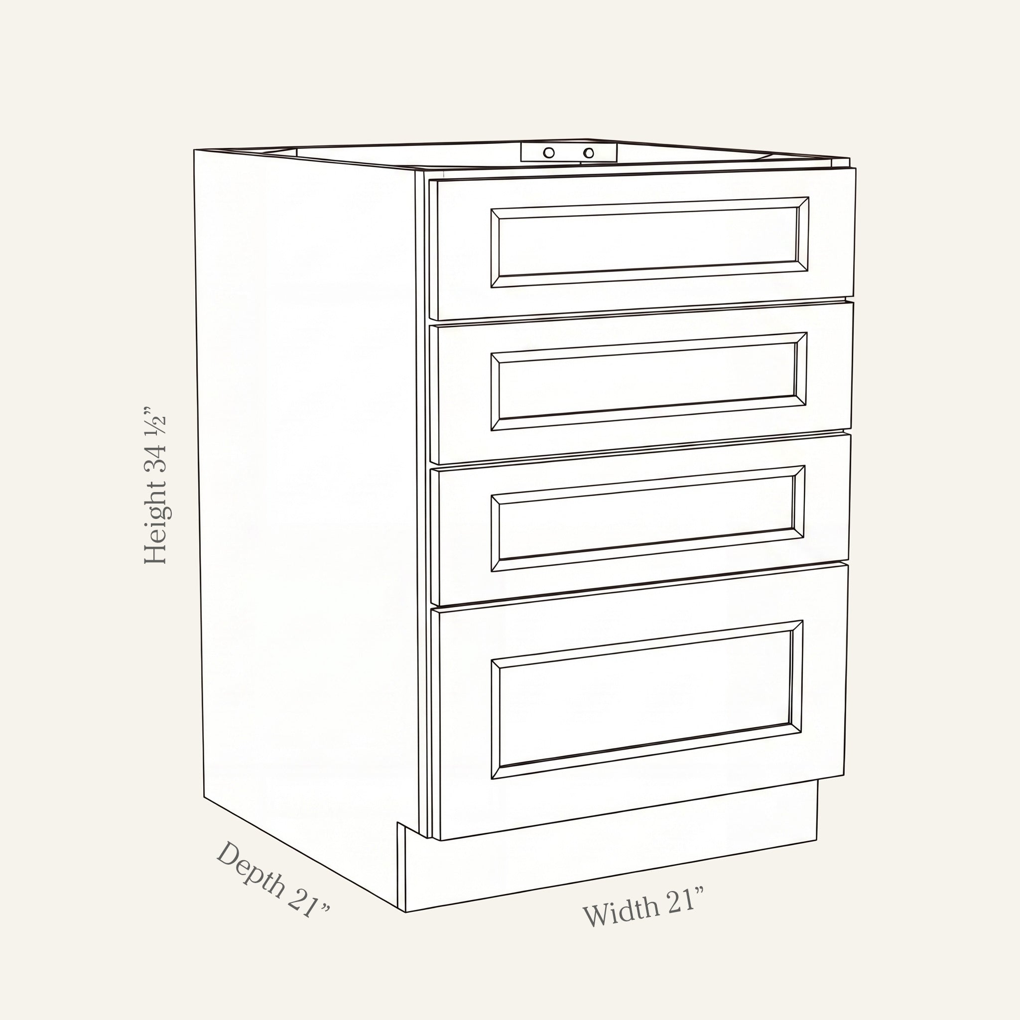 Dimension drawing of a Belmont Shaker drawer base cabinet with 4 drawers, 21w, 34.5h, 24d.