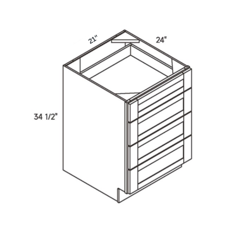 Natural traditional shaker 4, 21″ wide, 34.5″ high, 24″ deep, shown in a technical line drawing with dimensions. Part of the Seaport line from the Kitchen & Cabinet Store.