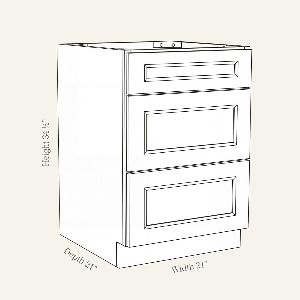 Dimension drawing of a Belmont Shaker 3-drawer base cabinet with 3 drawers, 21w, 34.5h, 24d.