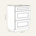 Dimension drawing of a Belmont Shaker 3-drawer base cabinet with 3 drawers, 21w, 34.5h, 24d.