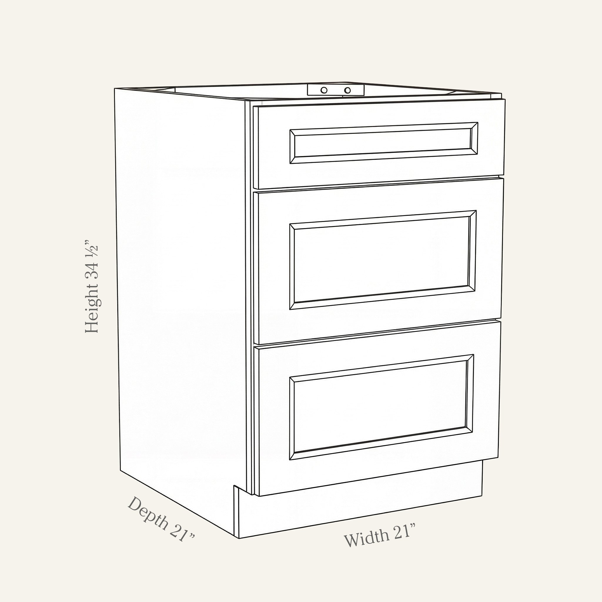 Dimension drawing of a Belmont Shaker 3-drawer base cabinet with 3 drawers, 21w, 34.5h, 24d.