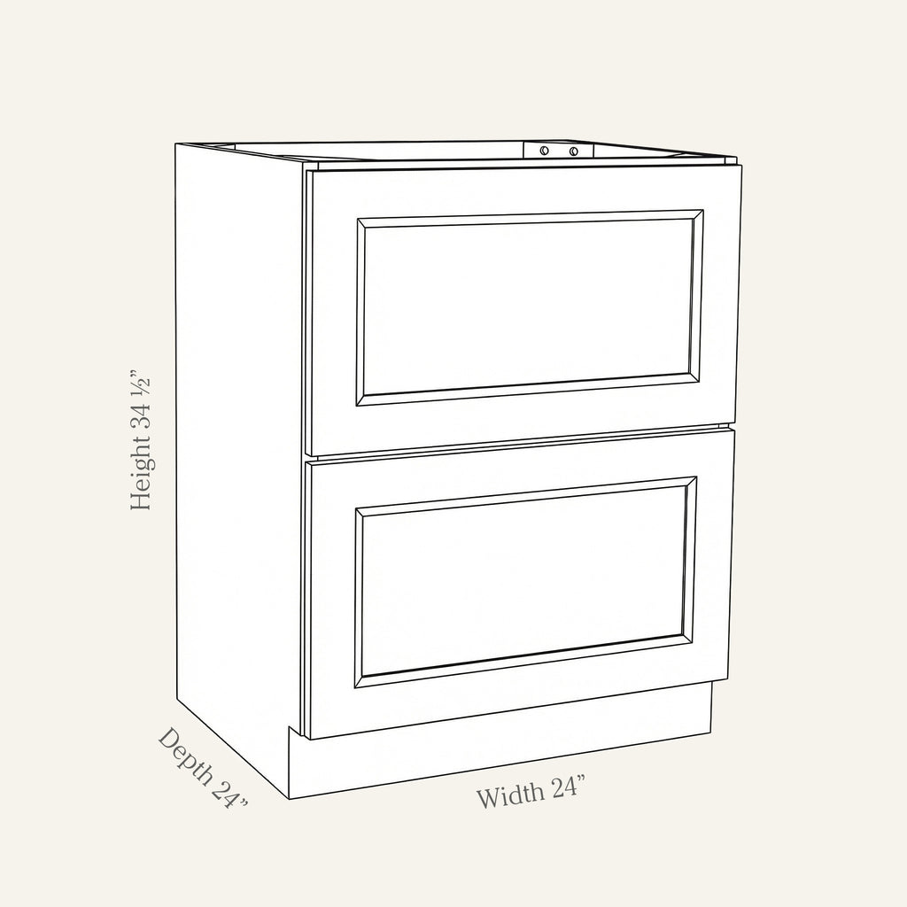 Dimension drawing of a Belmont Shaker drawer base cabinet with 2 drawers, 24w, 34.5h, 24d.