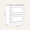 Dimension drawing of a Belmont Shaker drawer base cabinet with 2 drawers, 24w, 34.5h, 24d.