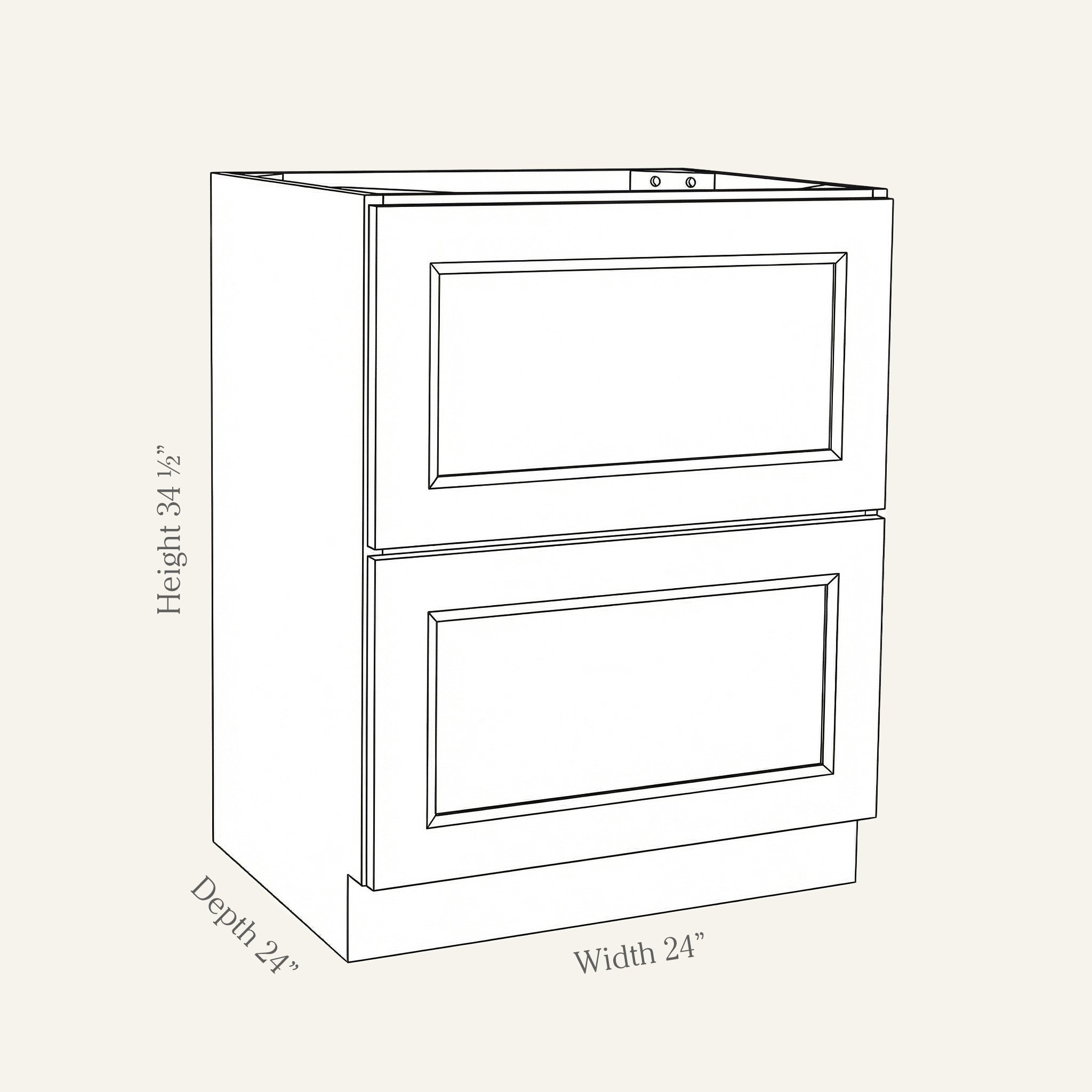 Dimension drawing of a Belmont Shaker drawer base cabinet with 2 drawers, 24w, 34.5h, 24d.