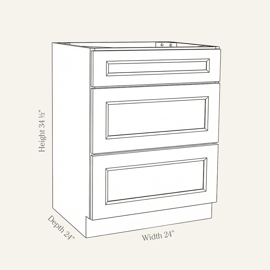 Dimension drawing of a Belmont Shaker 3-drawer base cabinet with 3 drawers, 24w, 34.5h, 24d.
