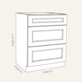 Dimension drawing of a Belmont Shaker 3-drawer base cabinet with 3 drawers, 24w, 34.5h, 24d.