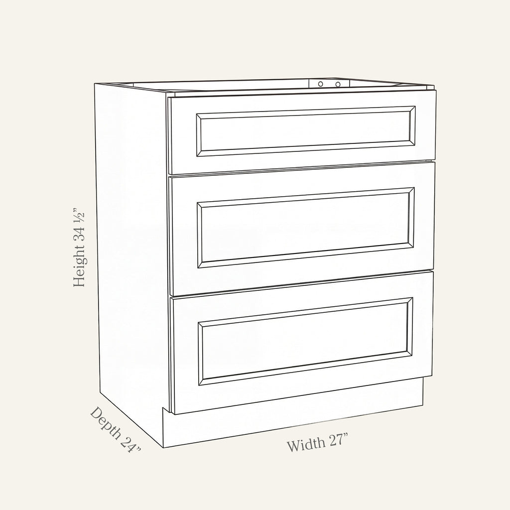 Dimension drawing of a Belmont Shaker 3-drawer base cabinet, 27w, 34.5h, 24d.
