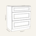 Dimension drawing of a Belmont Shaker 3-drawer base cabinet, 27w, 34.5h, 24d.