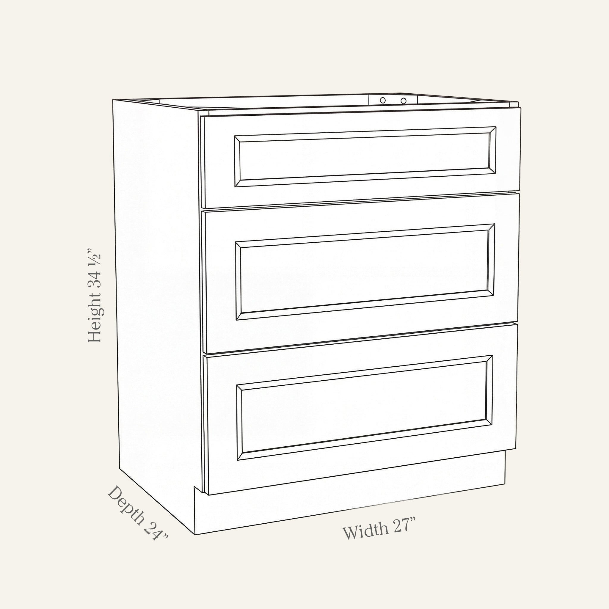 Dimension drawing of a Belmont Shaker 3-drawer base cabinet, 27w, 34.5h, 24d.