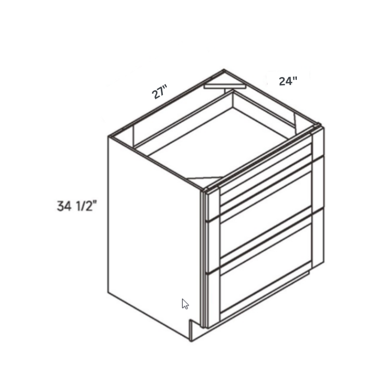 Natural traditional shaker 3, 27″ wide, 34.5″ high, 24″ deep, shown in a technical line drawing with dimensions. Part of the Seaport line from the Kitchen & Cabinet Store.