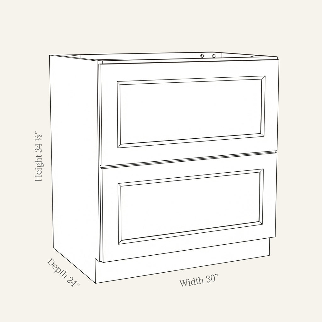 Dimension drawing of a Belmont Shaker 2-drawer base cabinet, 30w, 34.5h, 24d.