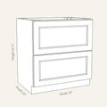 Dimension drawing of a Belmont Shaker 2-drawer base cabinet, 30w, 34.5h, 24d.