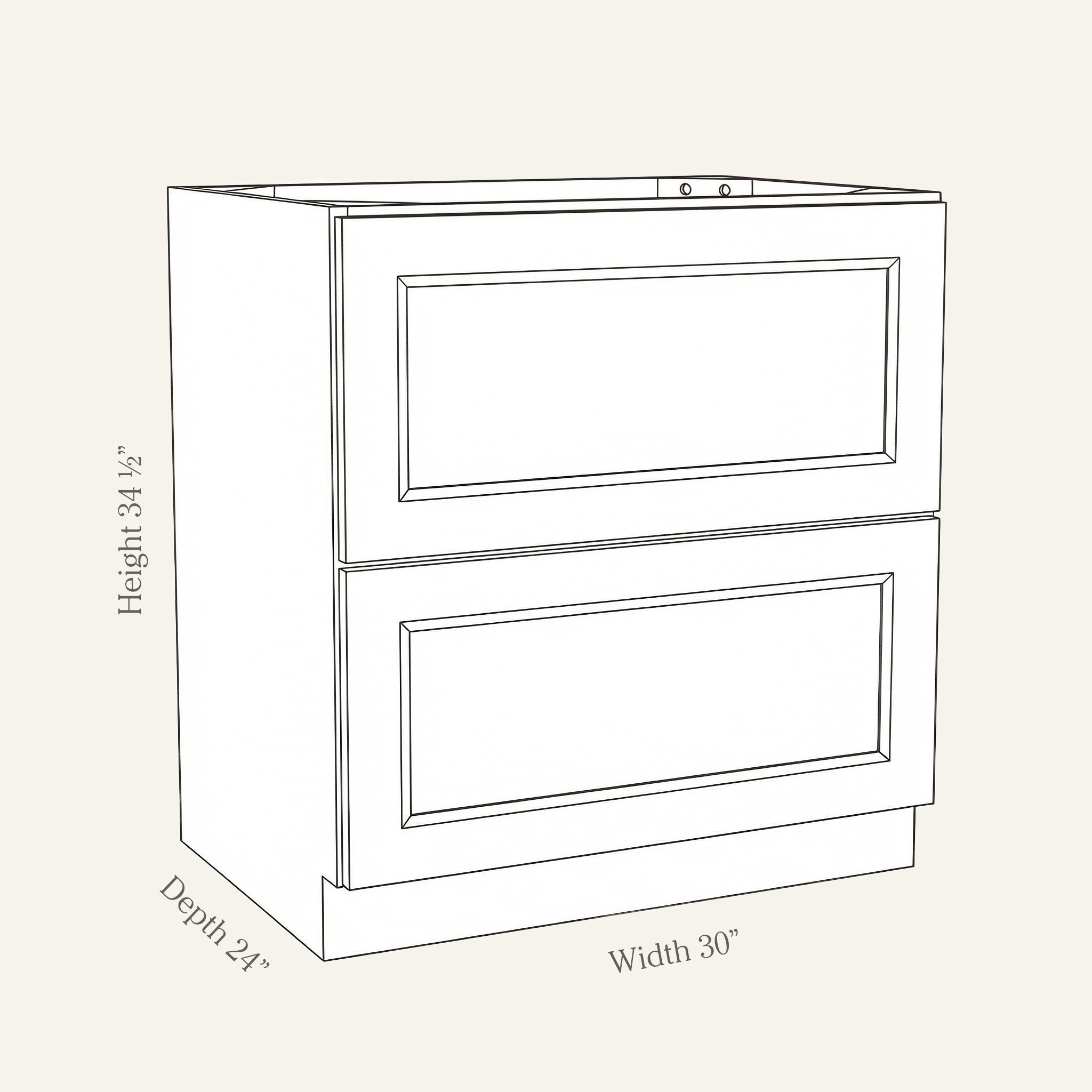 Dimension drawing of a Belmont Shaker 2-drawer base cabinet, 30w, 34.5h, 24d.