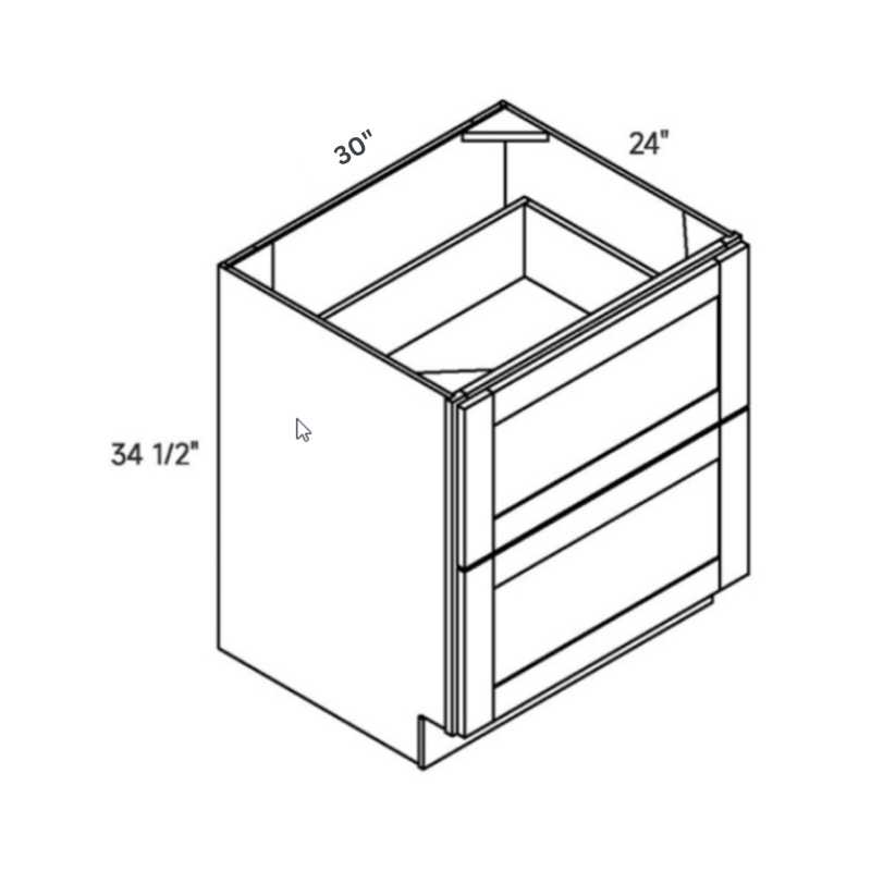 Green contemporary shaker 2, 30″ wide, 34.5″ high, 24″ deep, shown in a technical line drawing with dimensions. Part of the Belmont line from the Kitchen & Cabinet Store.