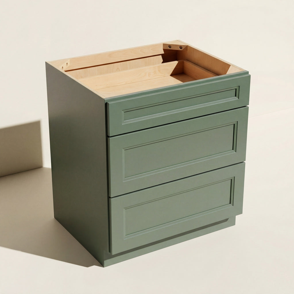 Angled view of a green 30w Belmont Shaker 3-drawer base cabinet.