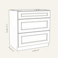Dimension drawing of a Belmont Shaker drawer base cabinet with 3 drawers, 30w, 34.5h, 24d.
