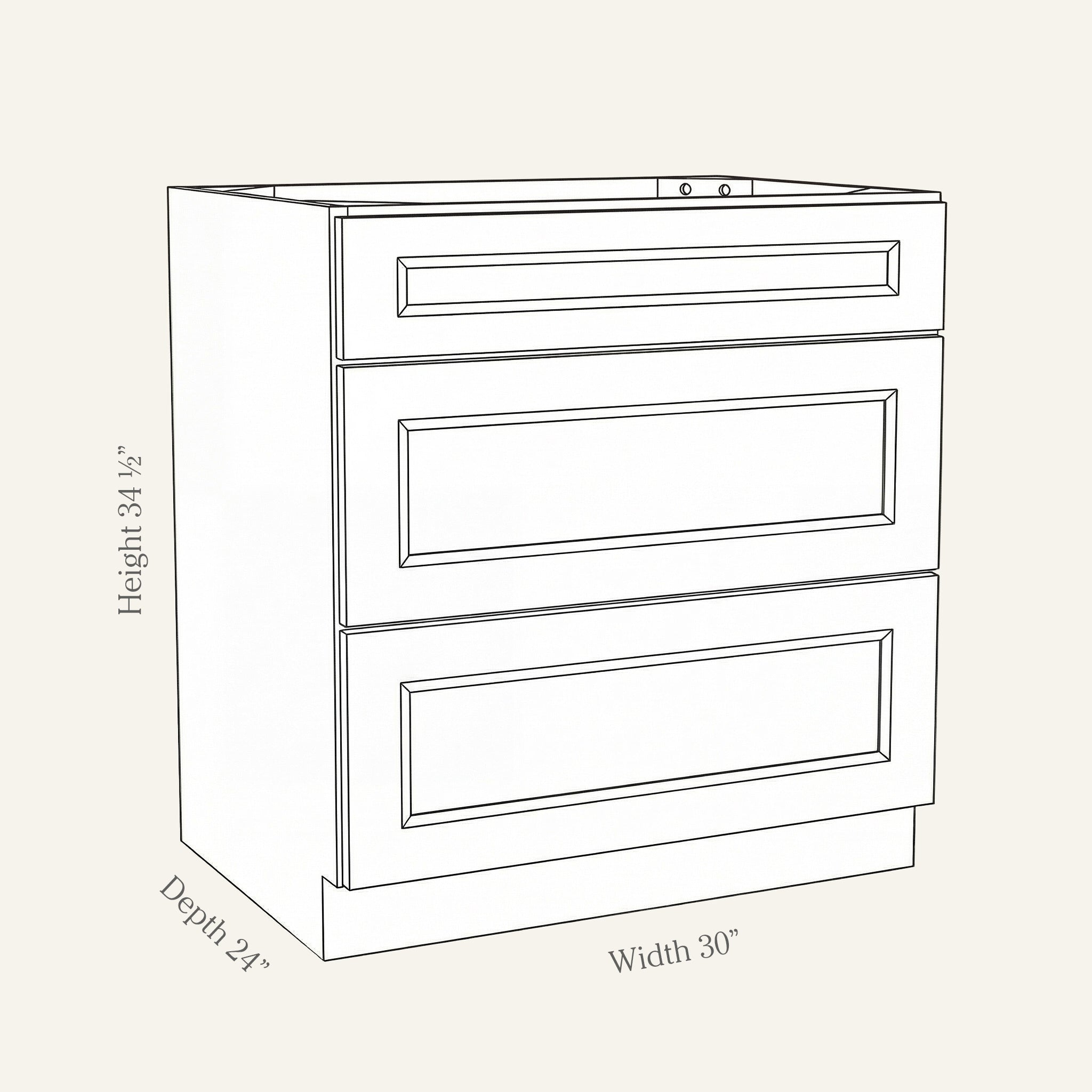 Dimension drawing of a Belmont Shaker drawer base cabinet with 3 drawers, 30w, 34.5h, 24d.