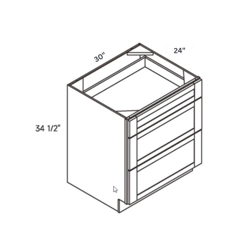 Natural traditional shaker 3, 30″ wide, 34.5″ high, 24″ deep, shown in a technical line drawing with dimensions. Part of the Seaport line from the Kitchen & Cabinet Store.