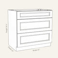 Dimension drawing of a Belmont Shaker drawer base cabinet with 3 drawers, 33w, 34.5h, 24d.