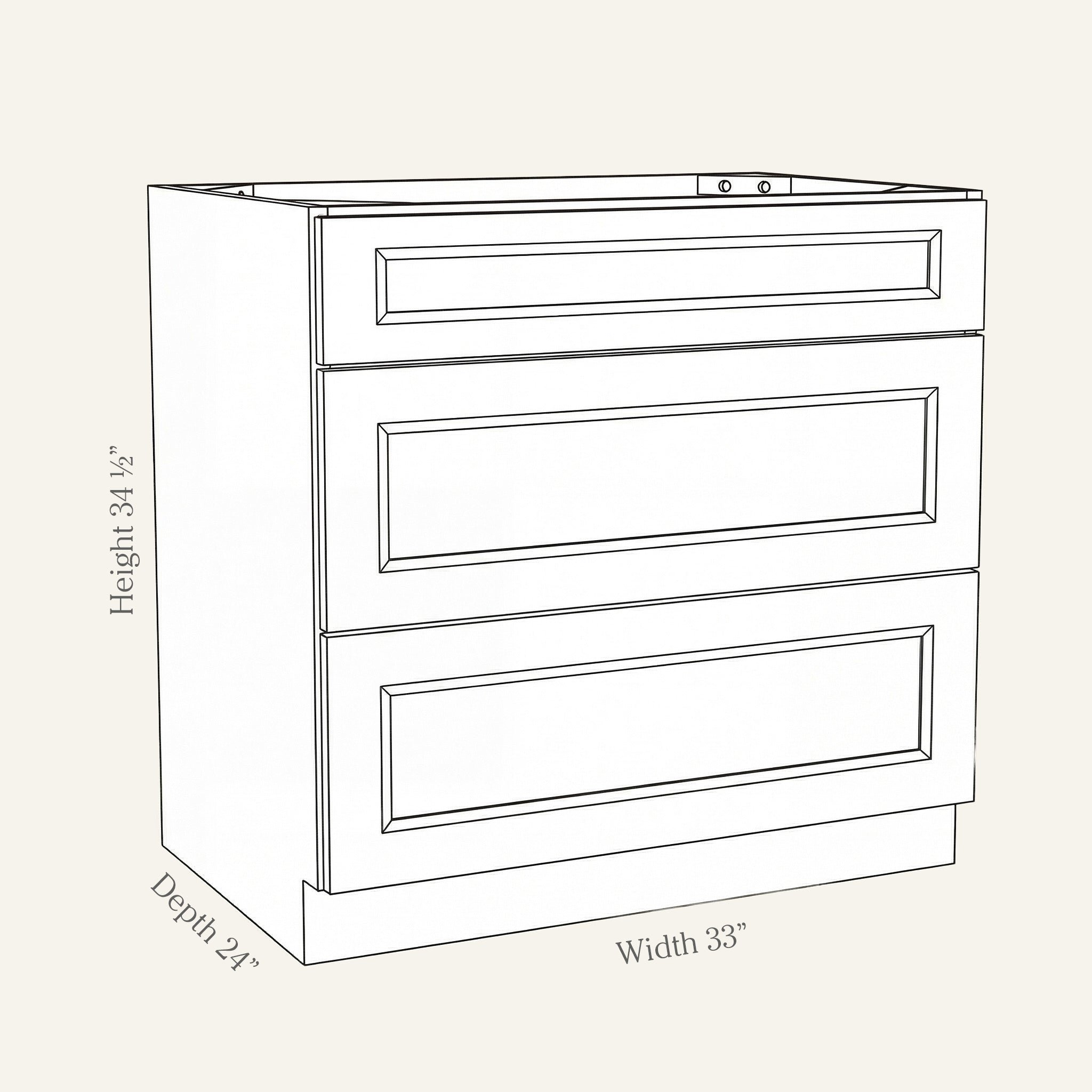 Dimension drawing of a Belmont Shaker drawer base cabinet with 3 drawers, 33w, 34.5h, 24d.