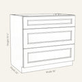 Dimension drawing of a Belmont Shaker drawer base cabinet with 3 drawers, 36w, 34.5h, 24d.