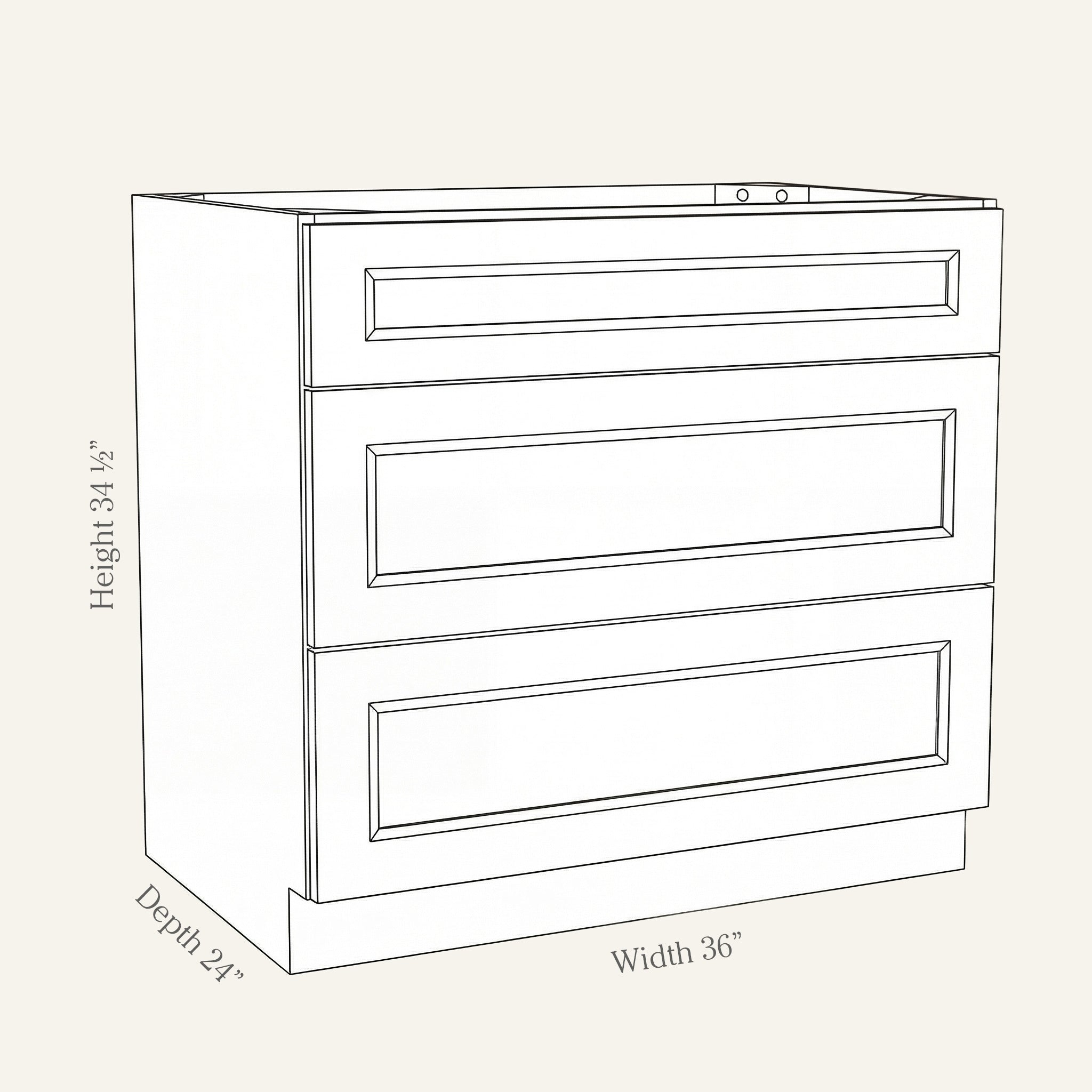Dimension drawing of a Belmont Shaker drawer base cabinet with 3 drawers, 36w, 34.5h, 24d.