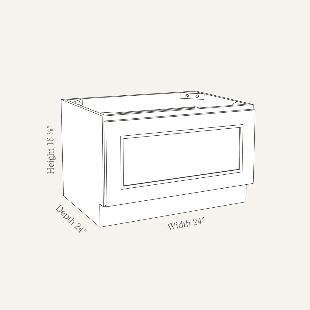 Dimension drawing of a Belmont Shaker bench seat base cabinet with 1 drawer, 24w, 16.875h, 24d.