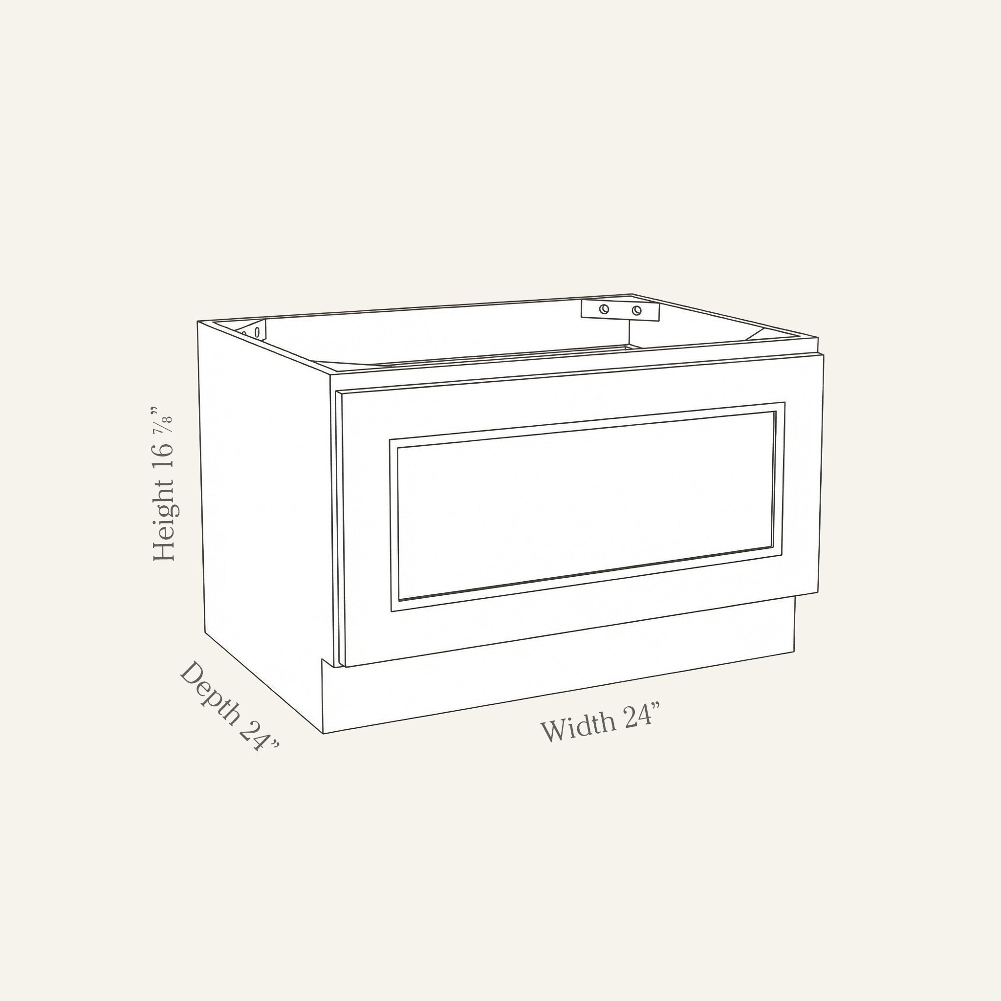 Dimension drawing of a Belmont Shaker bench seat base cabinet with 1 drawer, 24w, 16.875h, 24d.