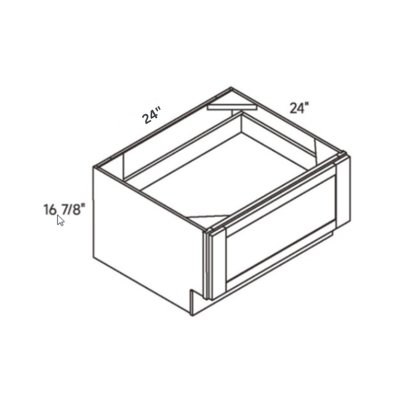 Light Gray traditional shaker island drawer base, 24″ wide, 16.88″ high, 24″ deep, shown in a technical line drawing with dimensions. Part of the Seaport line from the Kitchen & Cabinet Store.