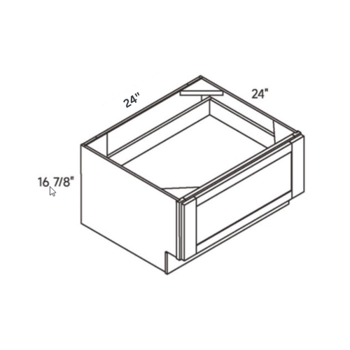 Driftwood traditional shaker bench seat base, 24″ wide, 16.88″ high, 24″ deep, shown in a technical line drawing with dimensions. Part of the Seaport line from the Kitchen & Cabinet Store.