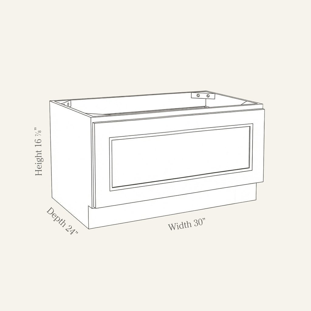 Dimension drawing of a Belmont Shaker bench seat base cabinet with 1 drawer, 30w, 16.875h, 24d.