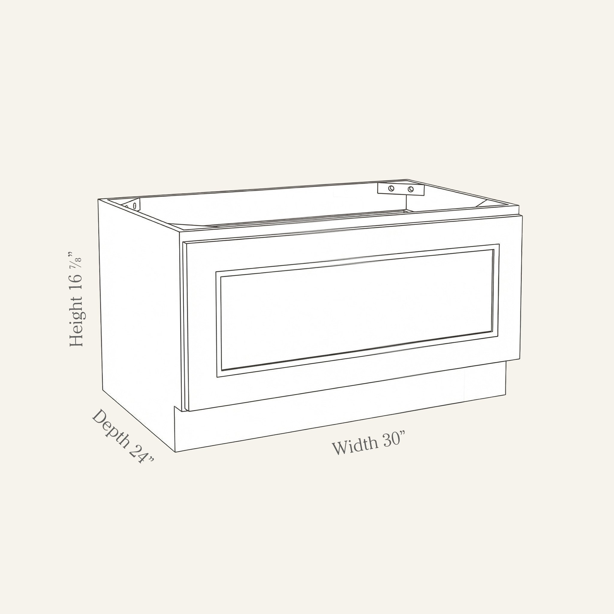 Dimension drawing of a Belmont Shaker bench seat base cabinet with 1 drawer, 30w, 16.875h, 24d.