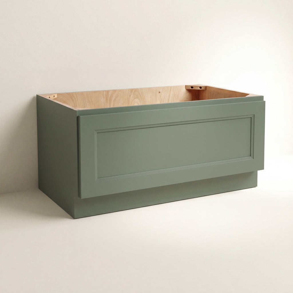 Angled view of a green Belmont beveled Shaker bench seat base cabinet with 1 drawer.