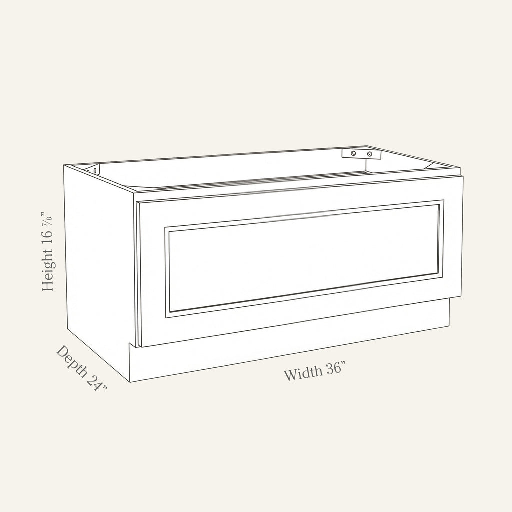 Dimension drawing of a Belmont Shaker bench seat base cabinet with 1 drawer, 36w, 16.875h, 24d.