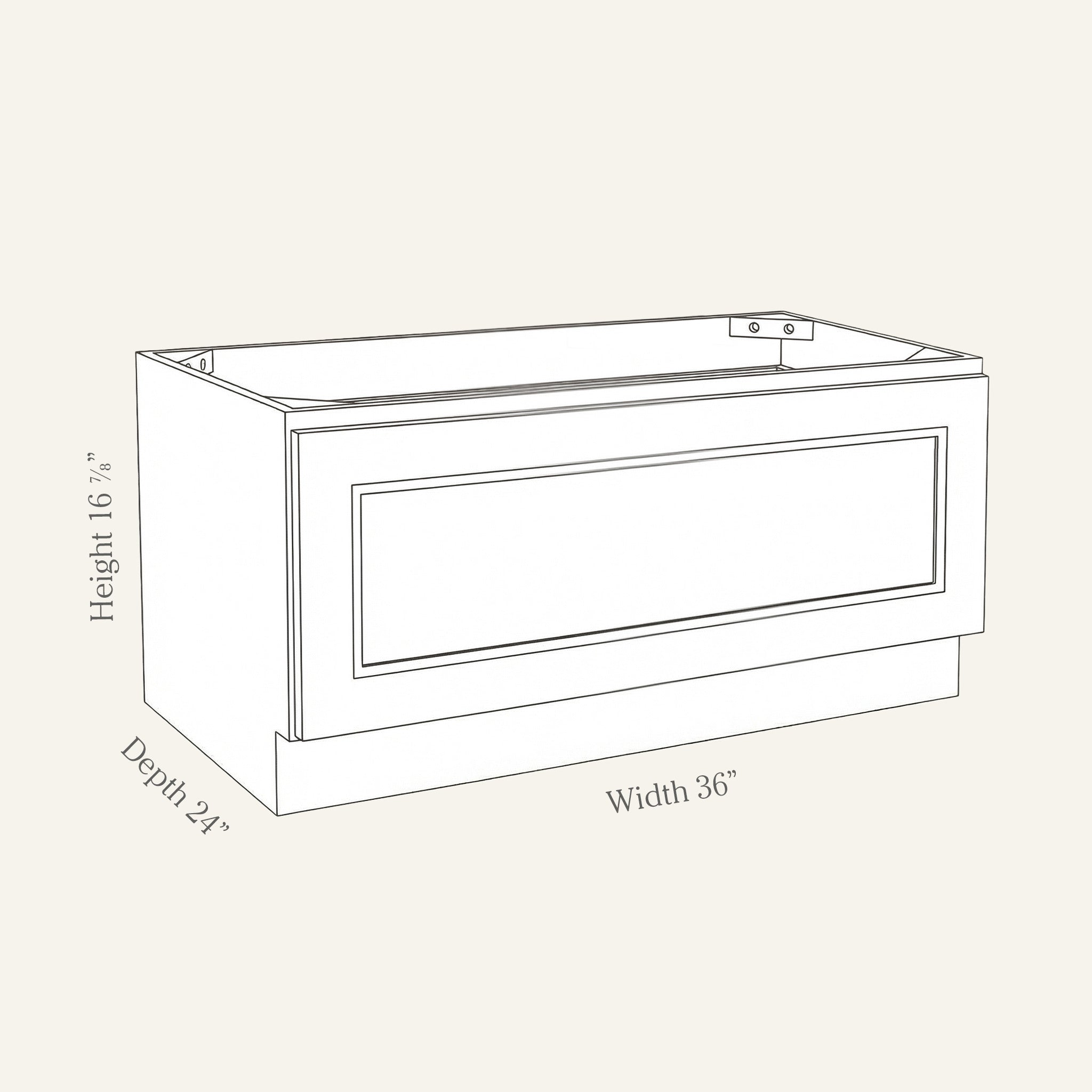 Dimension drawing of a Belmont Shaker bench seat base cabinet with 1 drawer, 36w, 16.875h, 24d.