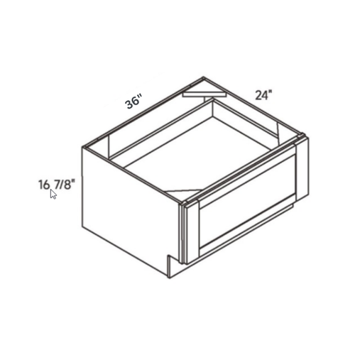 Driftwood traditional shaker bench seat base, 36″ wide, 16.88″ high, 24″ deep, shown in a technical line drawing with dimensions. Part of the Seaport line from the Kitchen & Cabinet Store.