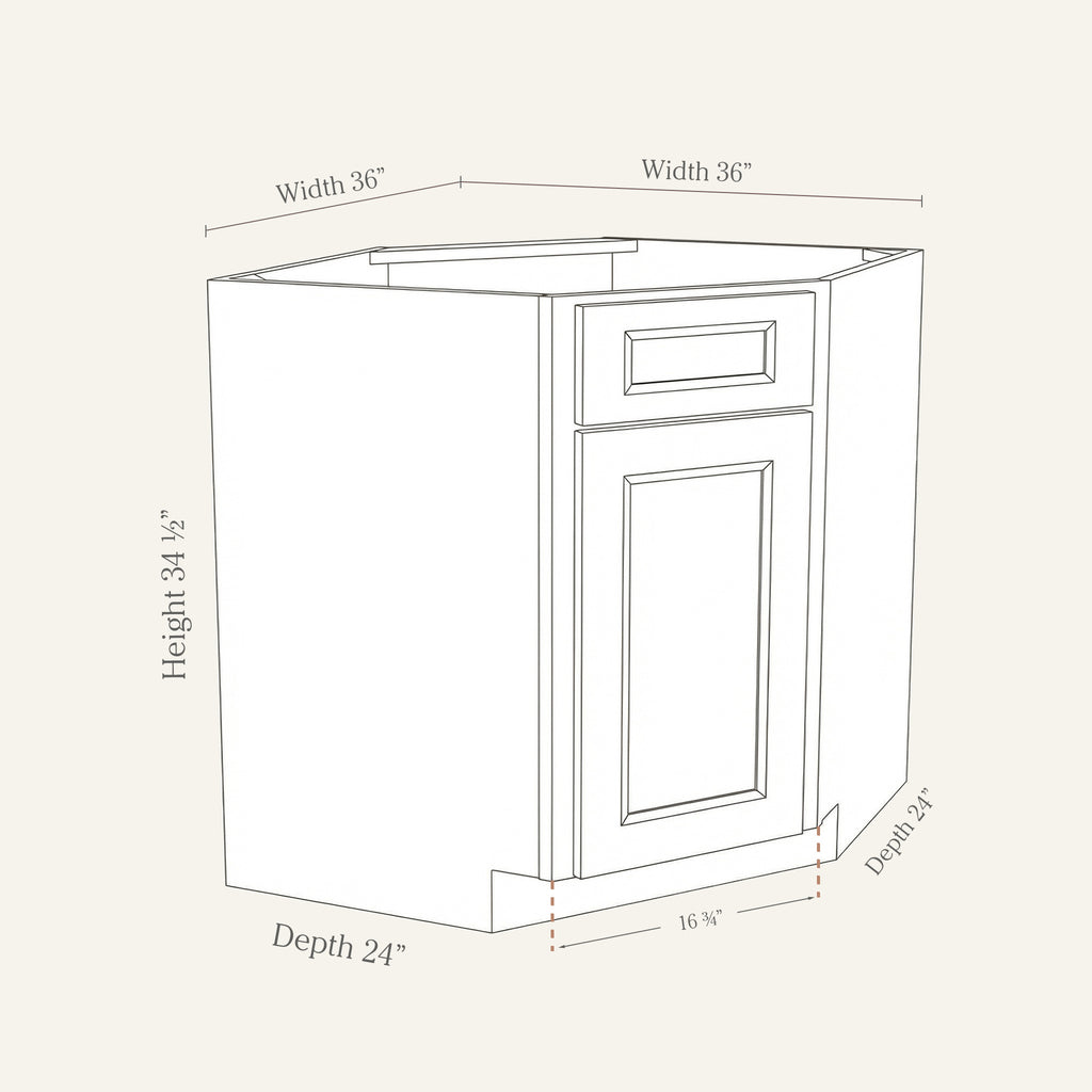 Dimension drawing of a Belmont Shaker diagonal corner sink base cabinet with 1 door and 1 false drawer, 18w, 34.5h, 24d.
