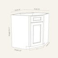 Dimension drawing of a Belmont Shaker diagonal corner sink base cabinet with 1 door and 1 false drawer, 18w, 34.5h, 24d.
