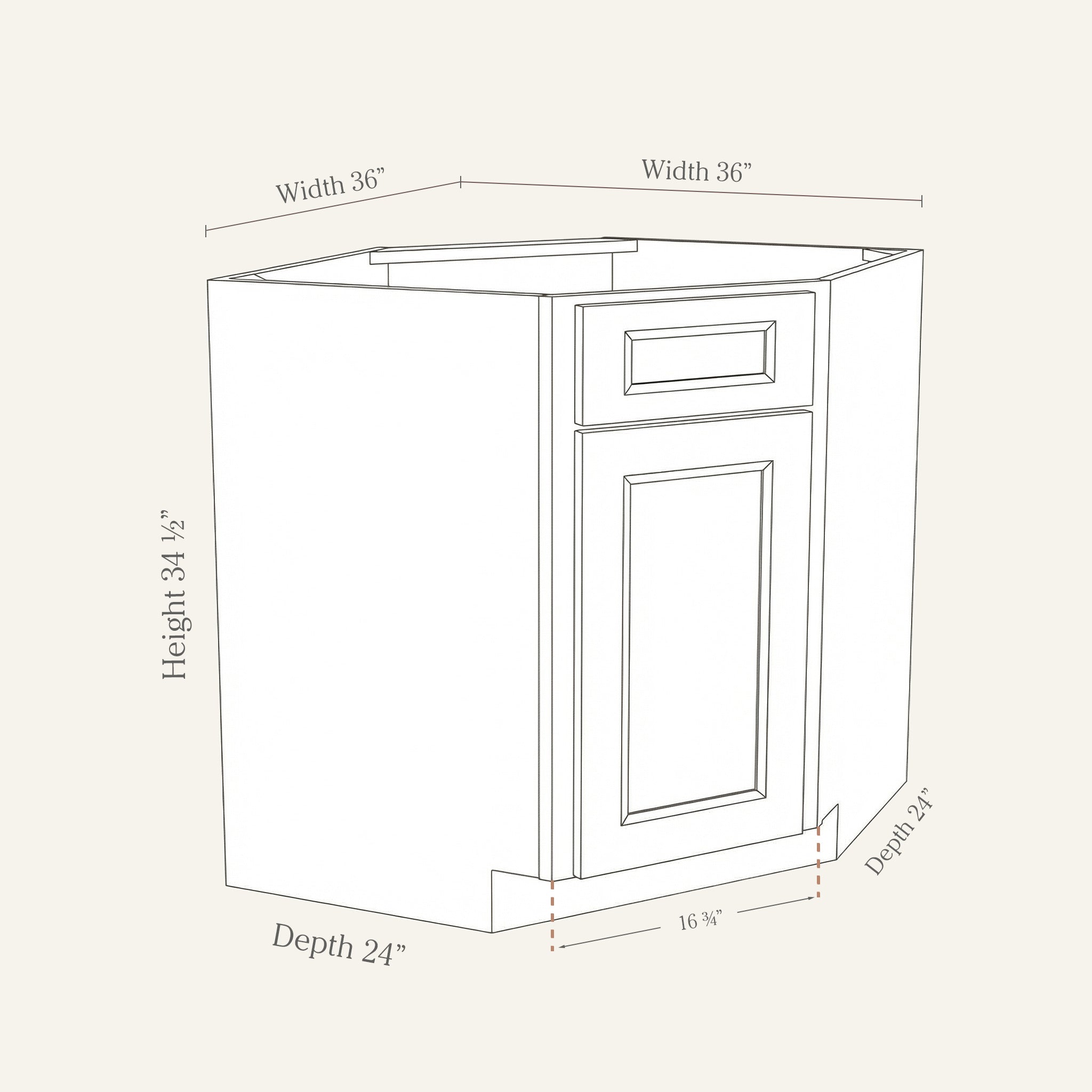 Dimension drawing of a Belmont Shaker diagonal corner sink base cabinet with 1 door and 1 false drawer, 18w, 34.5h, 24d.