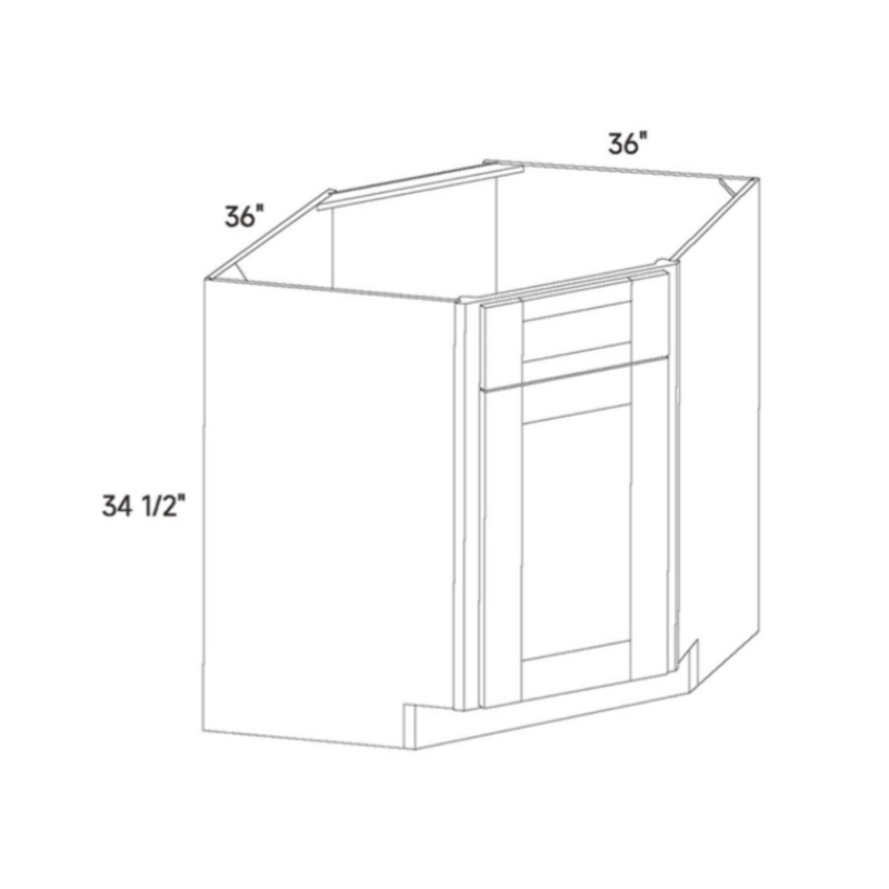 Green contemporary shaker diagonal corner sink base, 18″ wide, 34.5″ high, 24″ deep, shown in a technical line drawing with dimensions. Part of the Belmont line from the Kitchen & Cabinet Store.