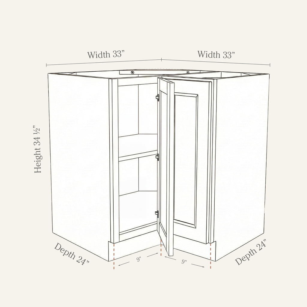 Dimension drawing of a Belmont Shaker easy-reach corner base cabinet with 1 bi-fold door, 33w, 34.5h, 24d.