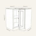 Dimension drawing of a Belmont Shaker easy-reach corner base cabinet with 1 bi-fold door, 33w, 34.5h, 24d.
