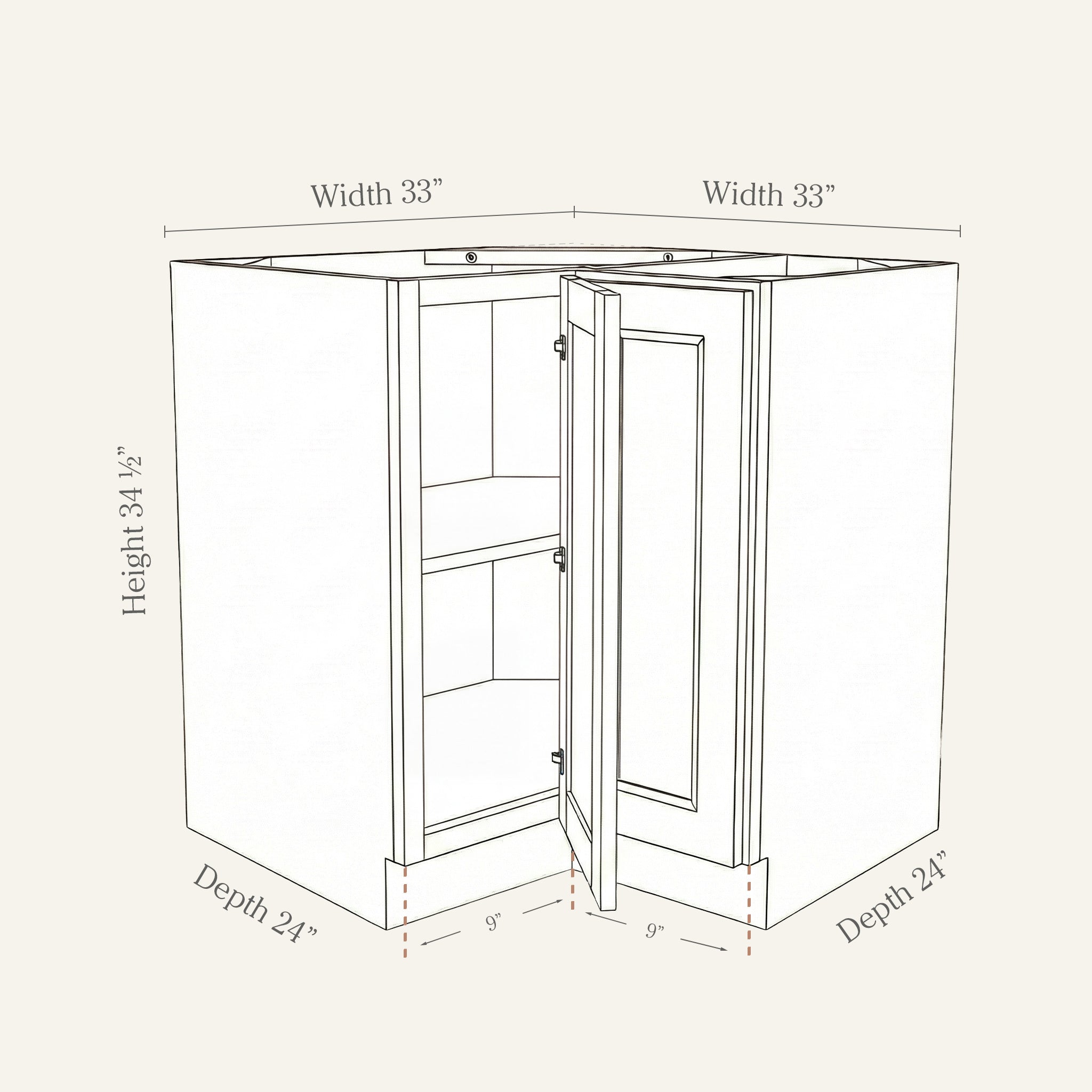 Dimension drawing of a Belmont Shaker easy-reach corner base cabinet with 1 bi-fold door, 33w, 34.5h, 24d.