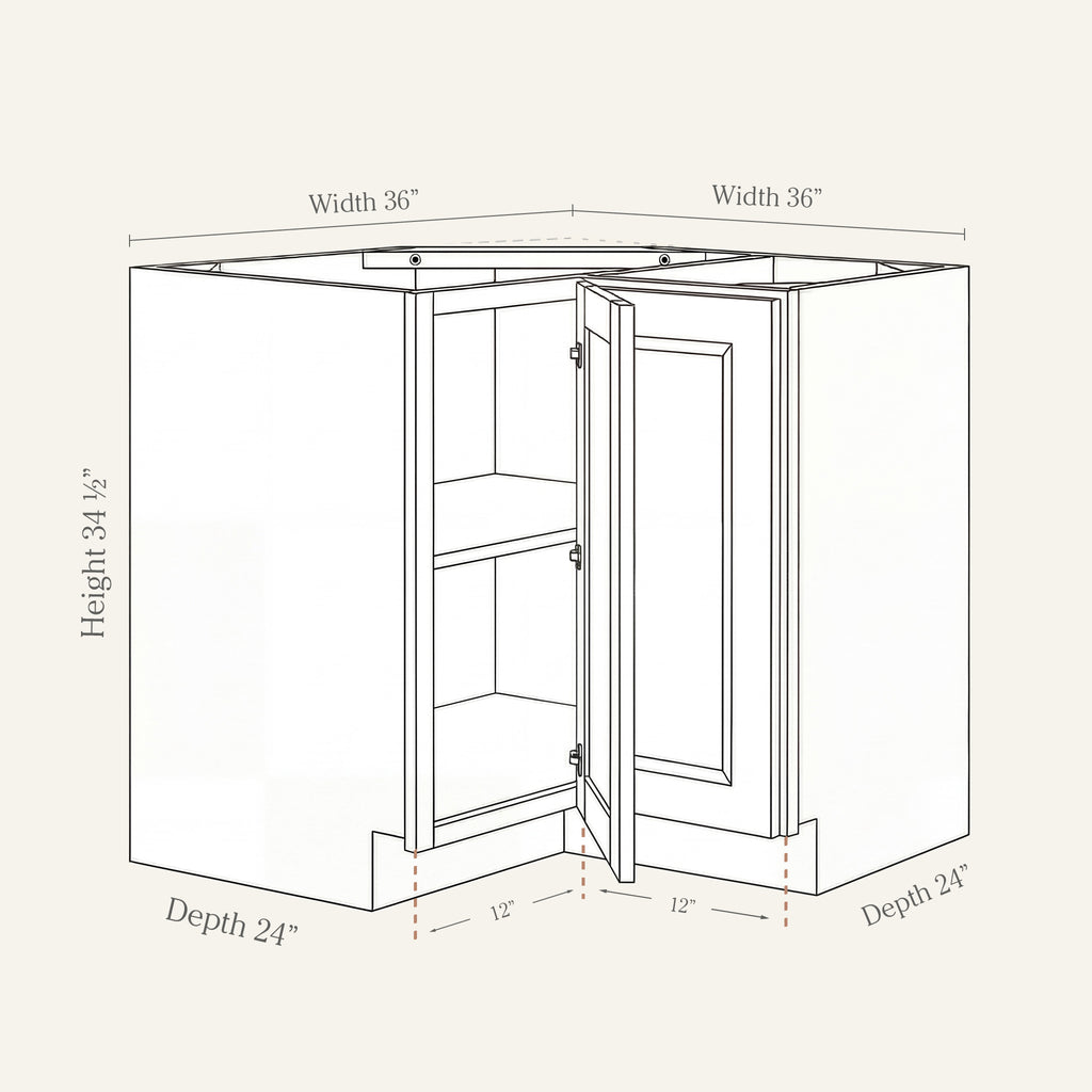 Dimension drawing of a Belmont Shaker easy-reach corner base cabinet with 1 bi-fold door, 36w, 34.5h, 24d.