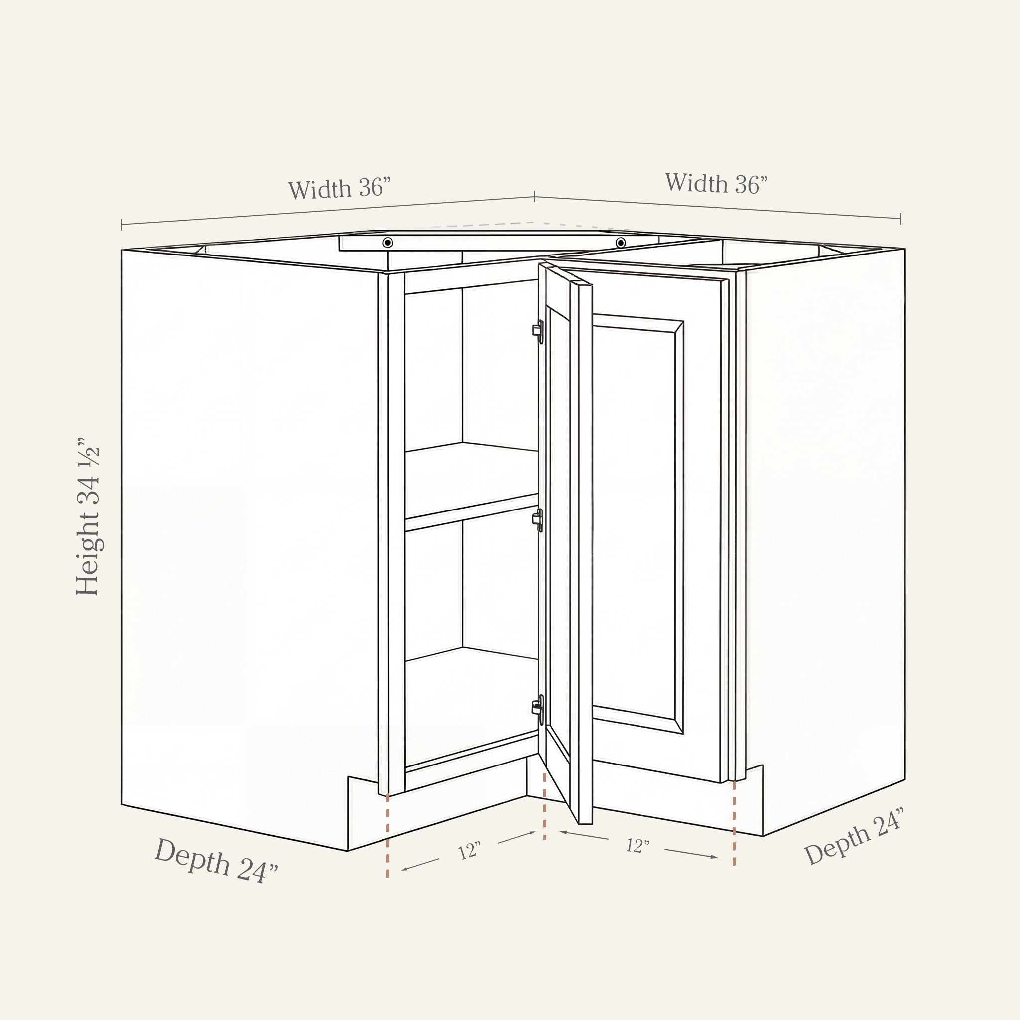 Dimension drawing of a Belmont Shaker easy-reach corner base cabinet with 1 bi-fold door, 36w, 34.5h, 24d.