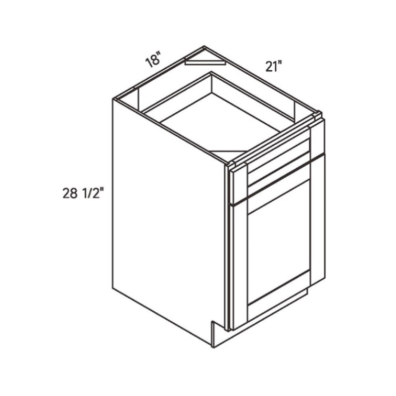 Light Gray traditional shaker furniture drawer base, 18″ wide, 28.5″ high, 21″ deep, shown in a technical line drawing with dimensions. Part of the Seaport line from the Kitchen & Cabinet Store.