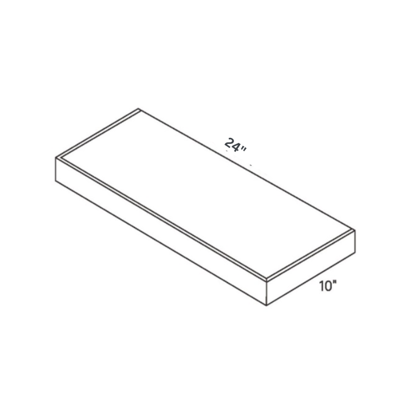 Natural Floating Shelf traditional shaker, 24″ wide, 10″ high, 2.5″ deep, shown in a technical line drawing with dimensions. Part of the Seaport line from the Kitchen & Cabinet Store.